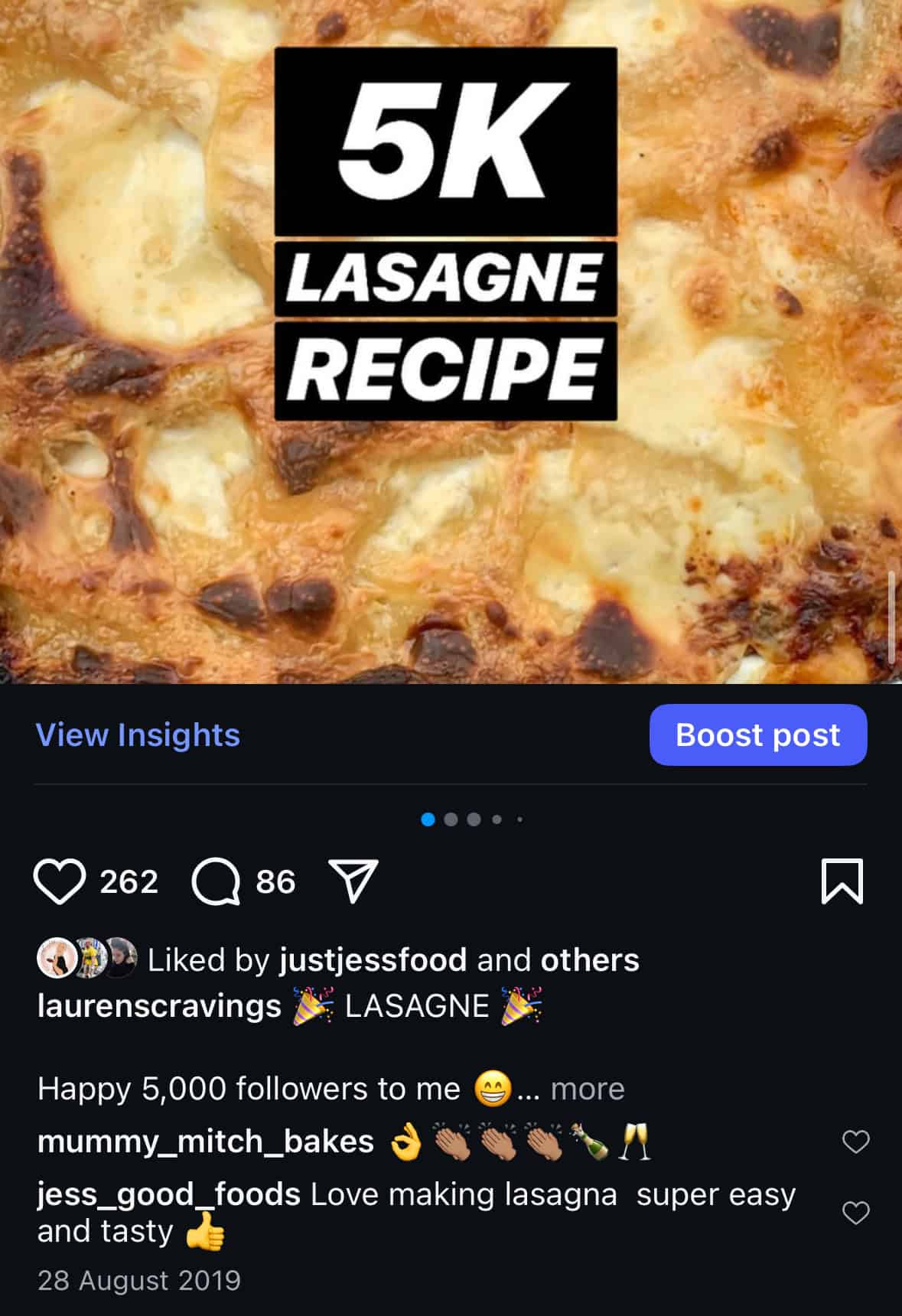 A close-up of a baked lasagna with a golden, cheesy top. Overlaid text reads 5K LASAGNE RECIPE. Instagram likes and comments are visible below the image.