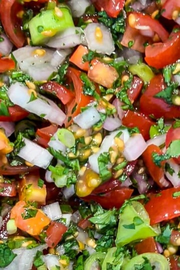 Close-up of a colorful fresh salsa mix, featuring chopped tomatoes, onions, cilantro, and green peppers, with visible seeds and a glossy texture. The vibrant ingredients are finely diced and blended, creating a fresh and appetizing appearance.