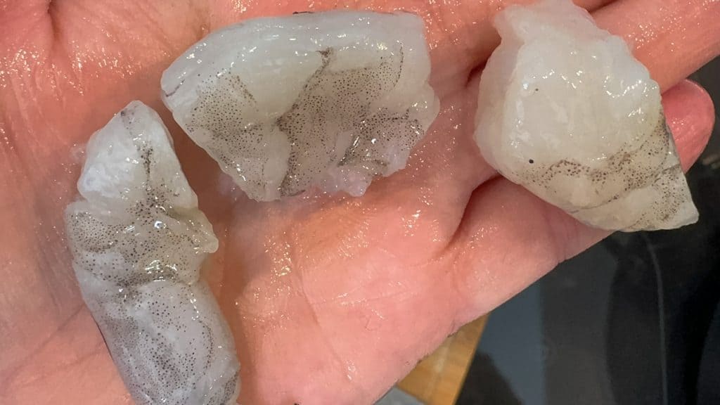 A hand holding three raw, translucent shrimp with visible veins. The shrimp are wet and appear slightly glossy, placed against a blurred background.