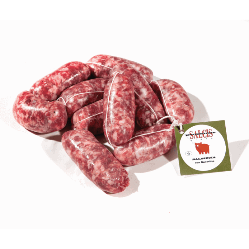 A bundle of raw sausages tied together with string, showcasing a marbled pink and white texture. A label with a red cow silhouette and the word Toscana is attached to the string.