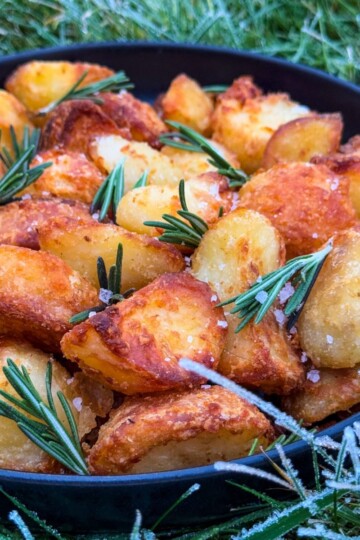 A black bowl filled with golden-brown roasted potatoes garnished with fresh rosemary sprigs. The bowl is set against a backdrop of frosty green grass.
