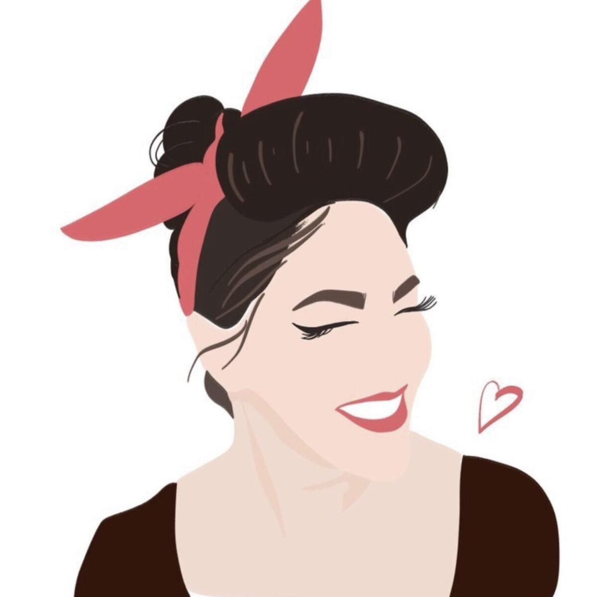 Illustration of a smiling woman with dark hair styled in an updo, wearing a red headband. Her eyes are closed, and a small heart is drawn beside her. She wears a dark top against a white background.