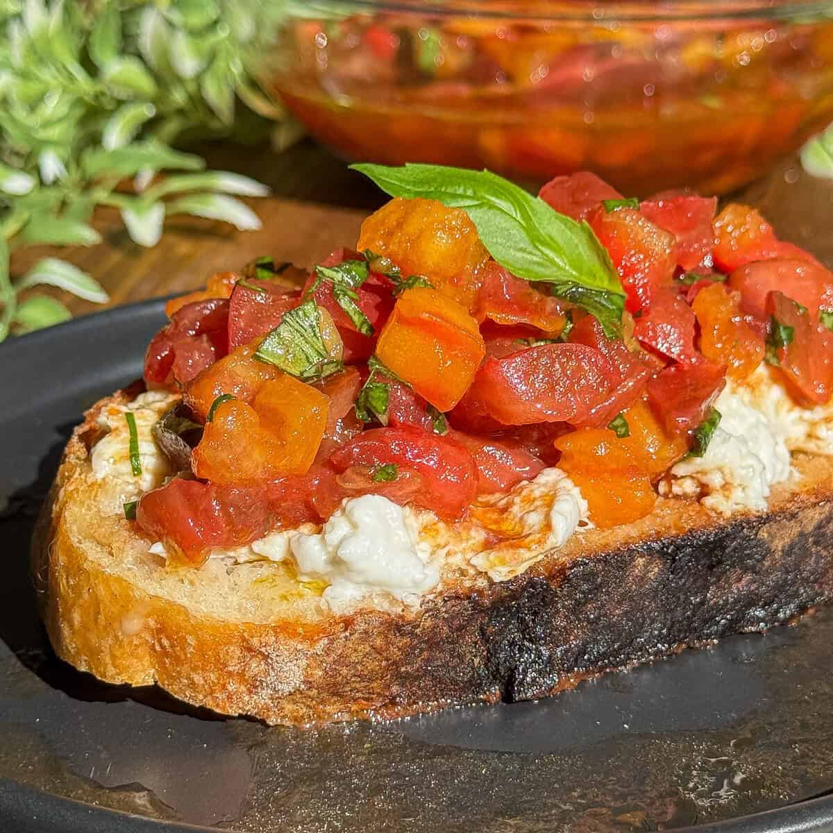 Close-up of bruschetta topped with diced tomatoes, herbs, and a leaf garnish, served on a sourdough with mozzarella on a black plate. A bowl with more topping is in the background, and greenery is partially visible.