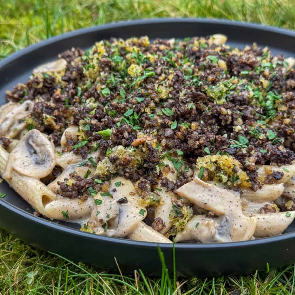 A black plate filled with creamy pasta, topped with finely chopped herbs and a crumbly, dark brown mixture, sits on green grass outdoors.