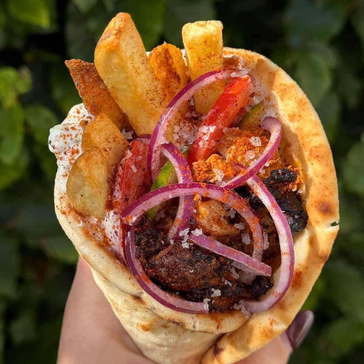 A hand holds a pita wrap filled with grilled meat, French fries, sliced red onions, tomatoes, tzatziki sauce, and sprinkled spices, with a blurred green background.
