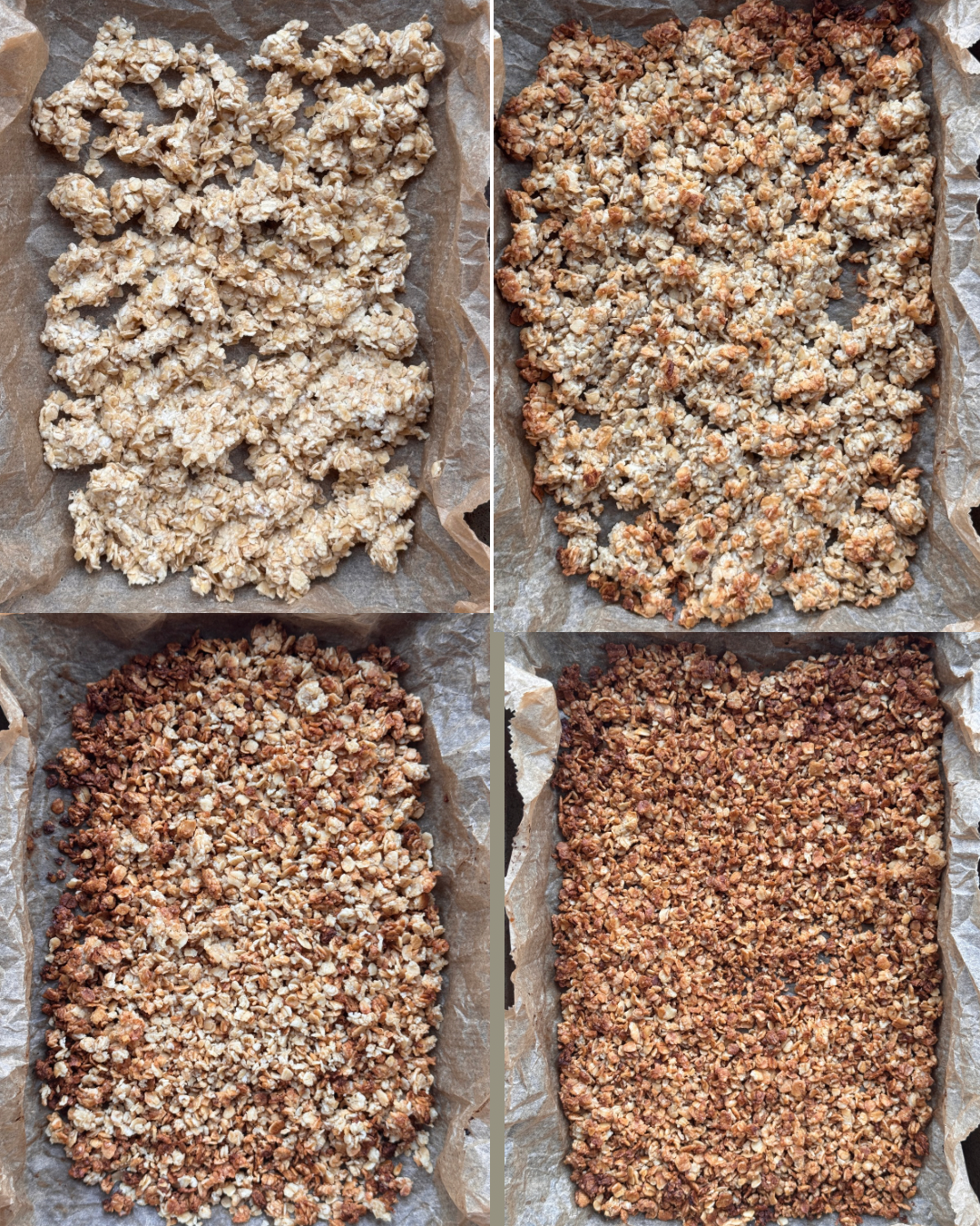 Four photos showing stages of baking oats for cvranachan on greaseproof paper: top left is raw mixture, top right is slightly baked, bottom left is more golden brown, and bottom right is fully baked, dark golden granola.