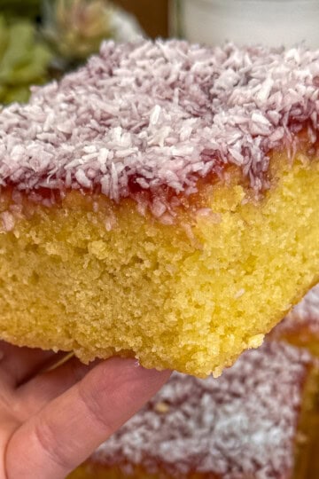 A hand holds a square piece of jam and coconut sponge topped with a layer of red jam and sprinkled with desiccated coconut. More similar cake pieces are visible in the background.