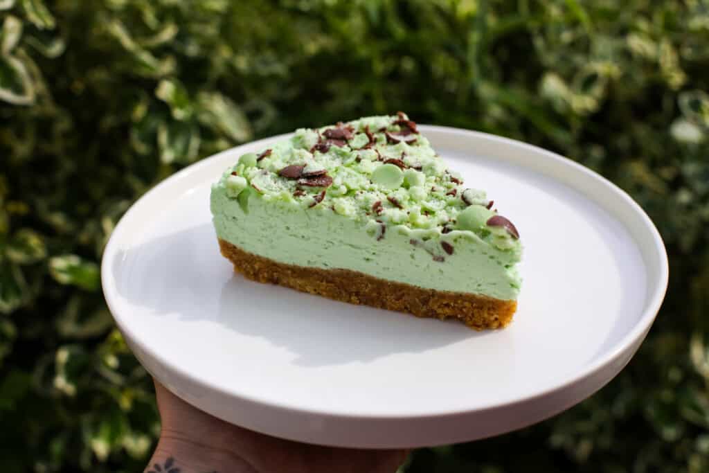 A hand holds a white plate with a slice of mint green cheesecake topped with chocolate pieces, set against a background of green foliage.