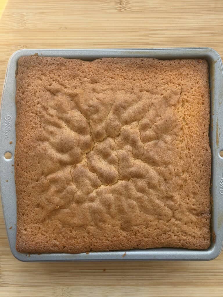 A golden-brown rectangular cake in a silver baking tin rests on a wooden surface. The cake has a slightly uneven, textured top and neatly defined edges.